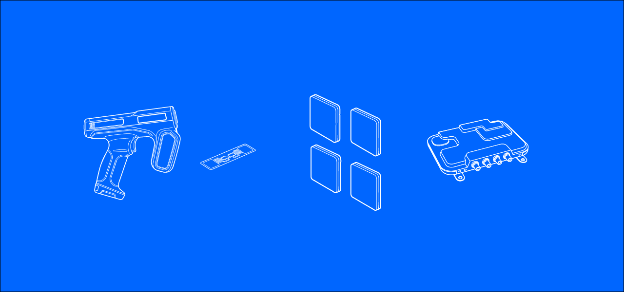 Line drawing of RFID hardware: a handheld reader, an inlay tag, four antennas and a fixed reader